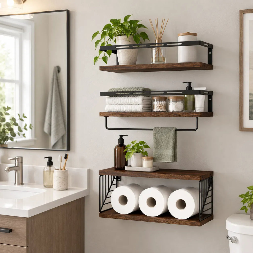 Rustic Wood Floating Wall Shelves with Towel Bar, Metal Frame Wall Storage Organizer for Bathroom Kitchen Bedroom
