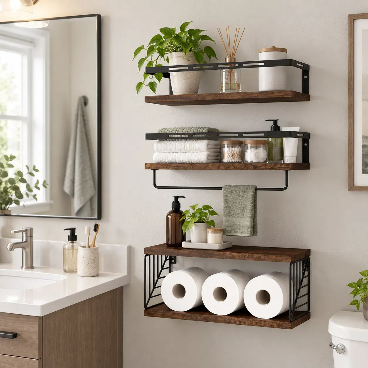 Rustic Wood Floating Wall Shelves with Towel Bar, Metal Frame Wall Storage Organizer for Bathroom Kitchen Bedroom