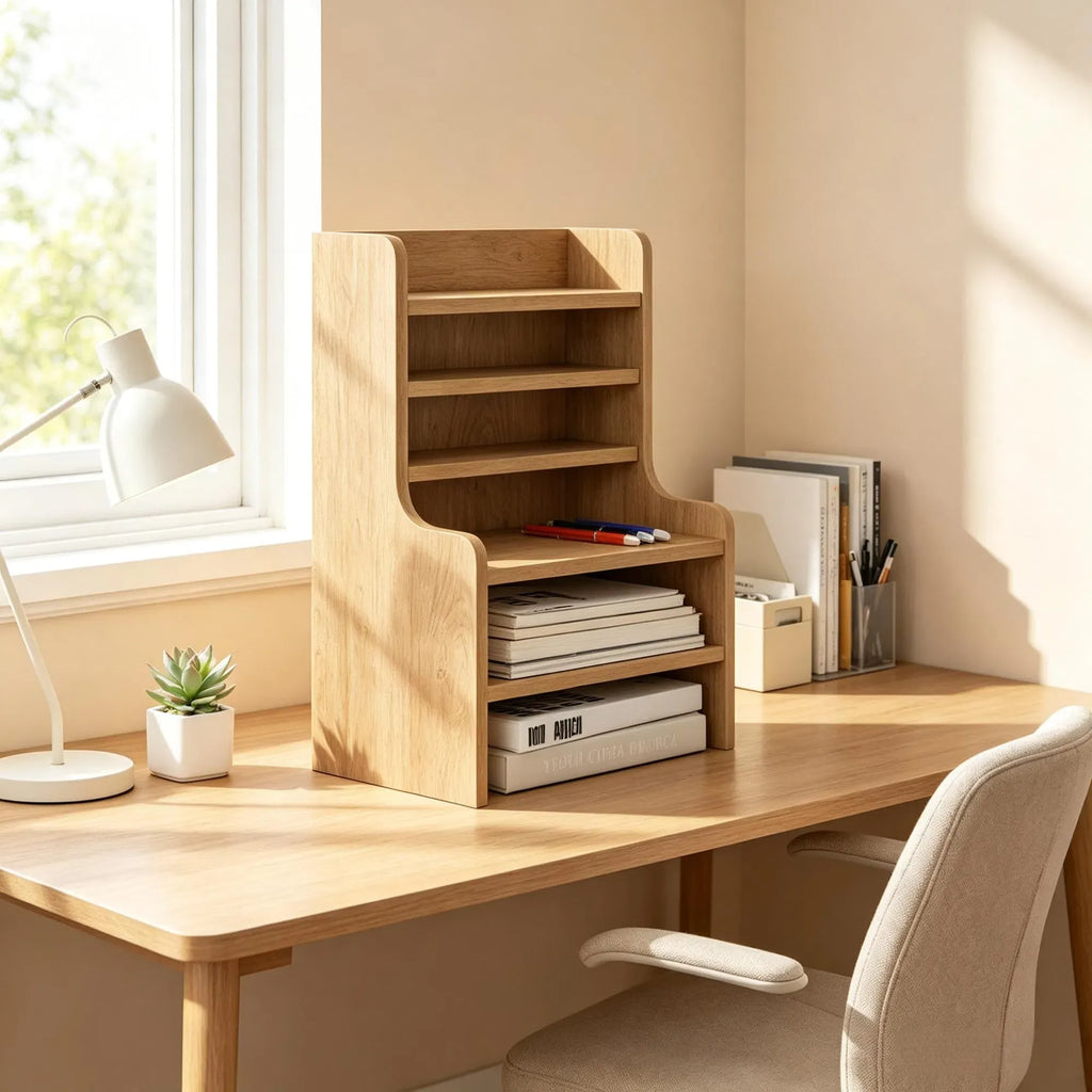 AEELLEEA Wooden Desktop Bookshelf, Multi Tier Tabletop Organizer, Desk Storage Rack for Office Supplies Books Stationery Home Desk Decor