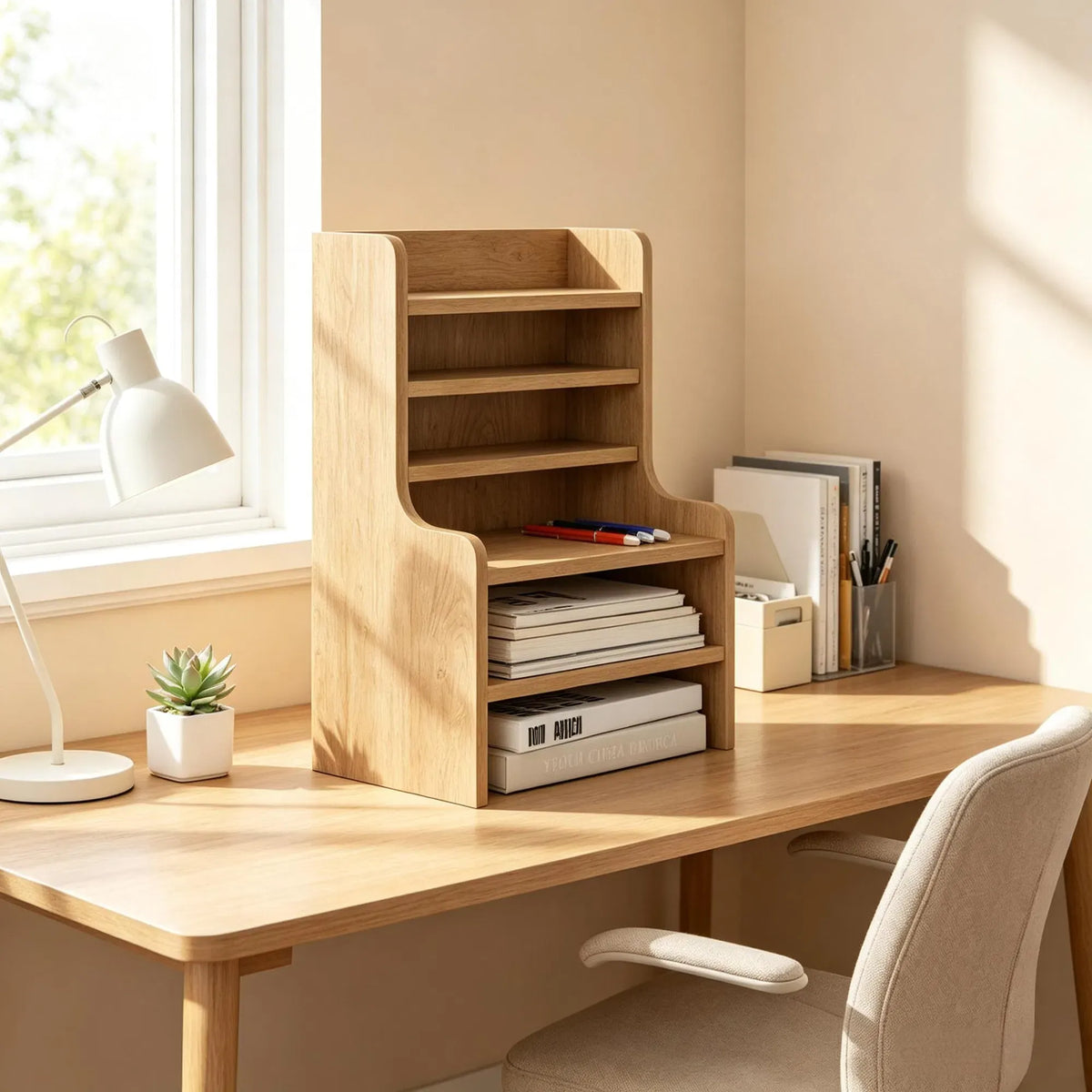 AEELLEEA Wooden Desktop Bookshelf, Multi Tier Tabletop Organizer, Desk Storage Rack for Office Supplies Books Stationery Home Desk Decor