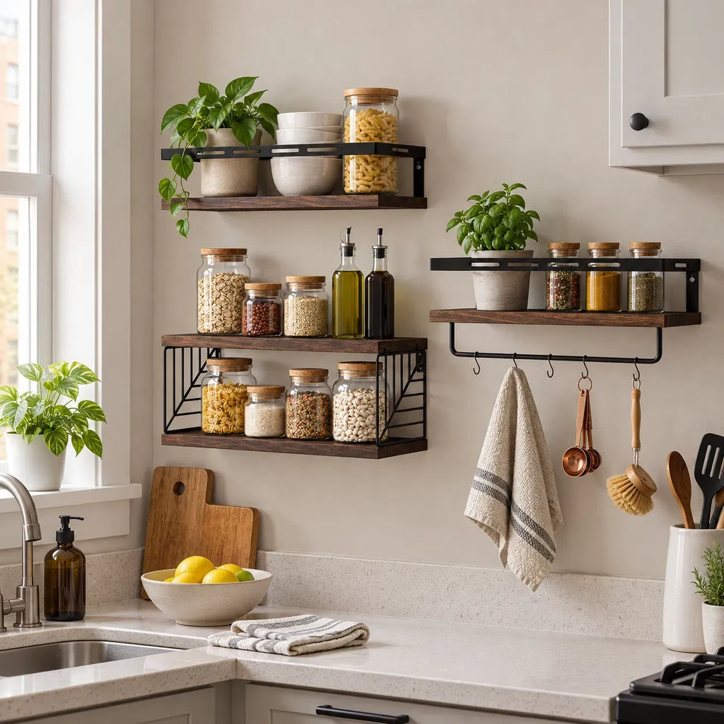 Rustic Wood Floating Wall Shelves with Towel Bar, Metal Frame Wall Storage Organizer for Bathroom Kitchen Bedroom