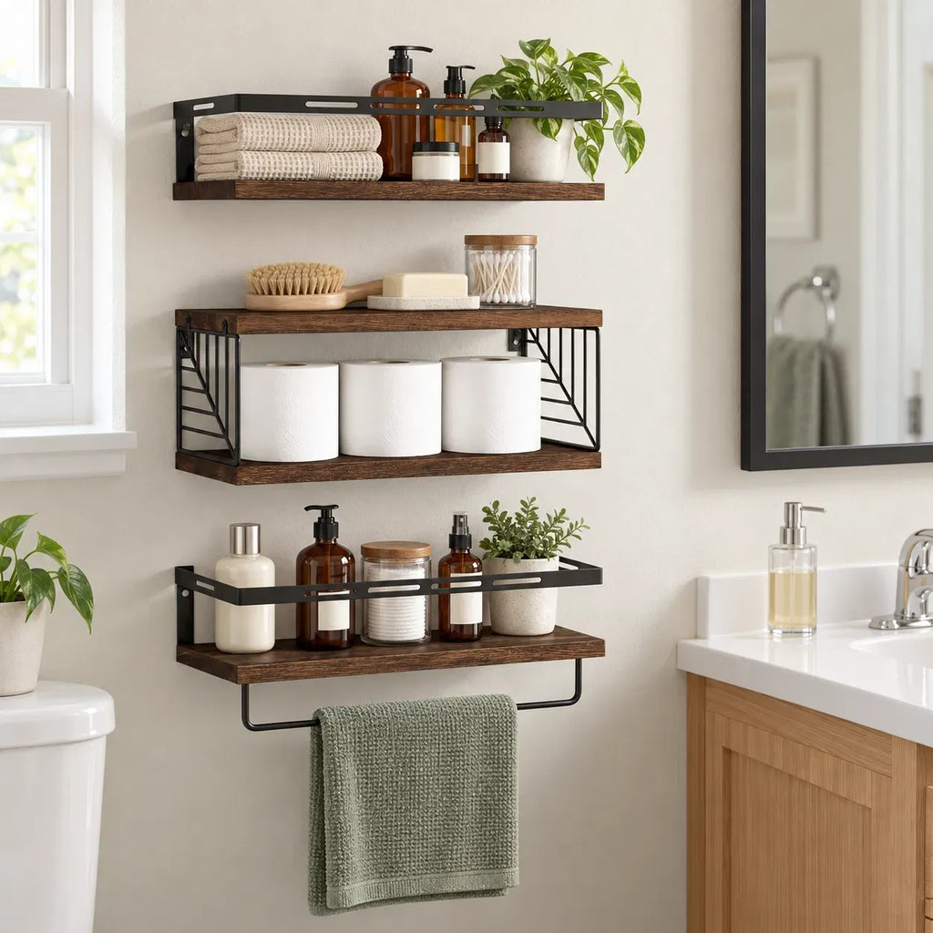 Rustic Wood Floating Wall Shelves with Towel Bar, Metal Frame Wall Storage Organizer for Bathroom Kitchen Bedroom