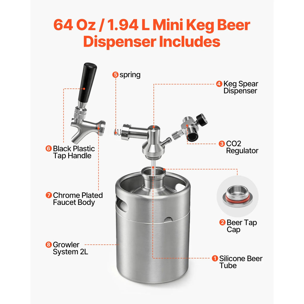 AEELLEEA 64Oz Stainless Steel Mini Keg Beer Dispenser, Portable Homebrew Draft Beer Growler with CO2 Regulator for Home Camping Party