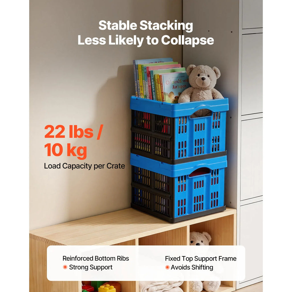AEELLEEA Collapsible Plastic Storage Crate 25L Stackable Folding Basket with Handle for Kitchen Garage Car Storage