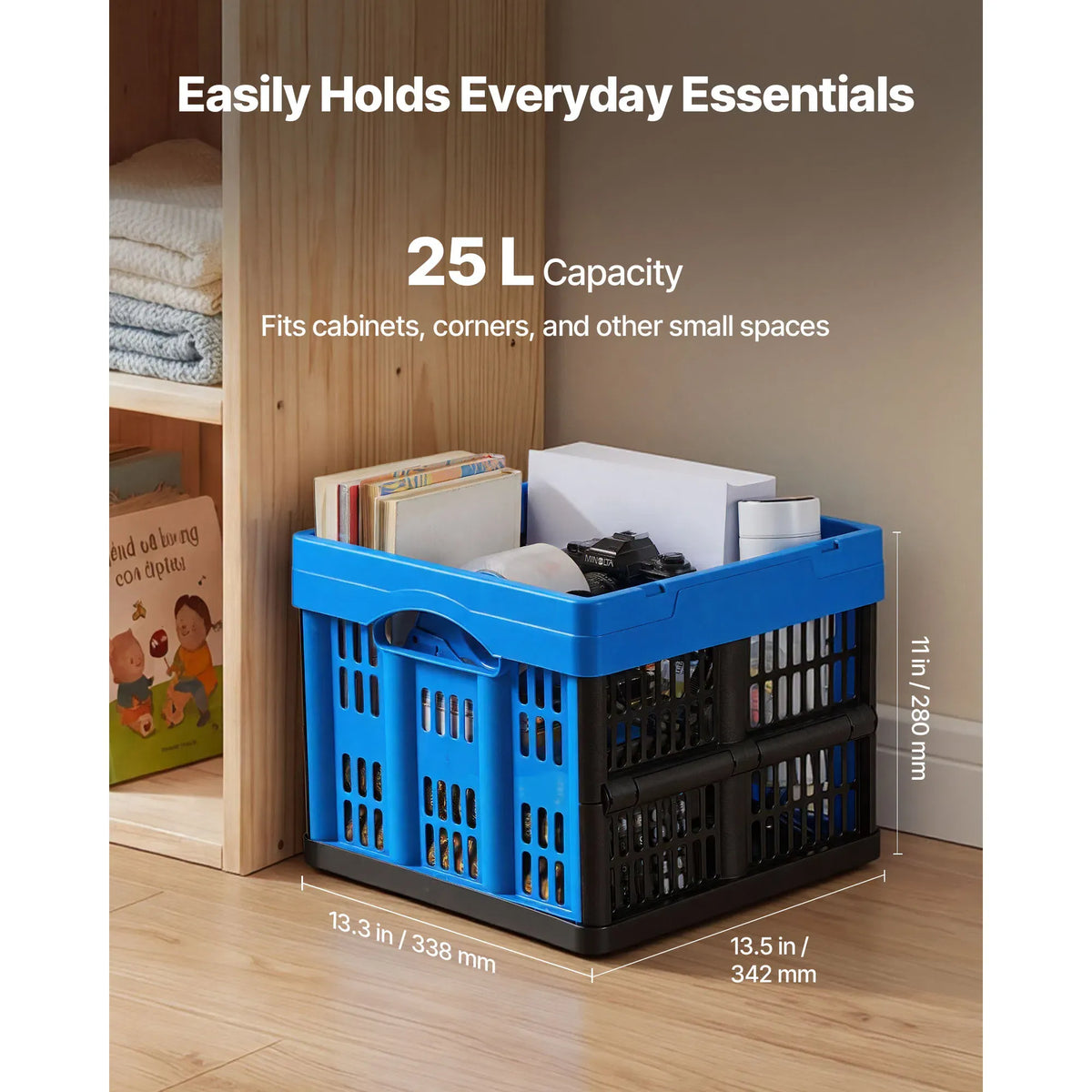 AEELLEEA Collapsible Plastic Storage Crate 25L Stackable Folding Basket with Handle for Kitchen Garage Car Storage