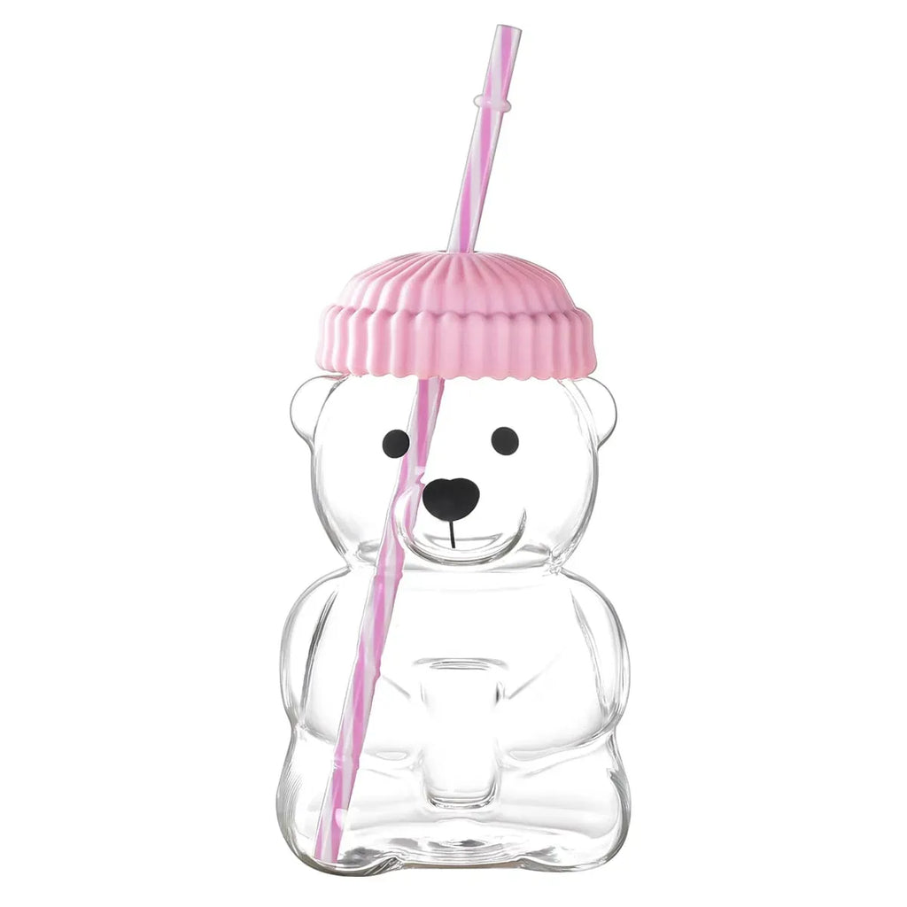 Cute Bear Glass Tumbler with Lid and Straw, 20oz Clear Cartoon Drinking Cup, Kawaii Water Bottle for Girls Party Home Office
