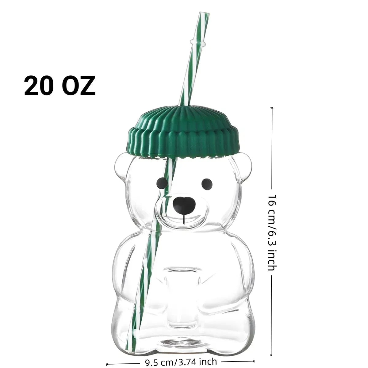 Cute Bear Glass Tumbler with Lid and Straw, 20oz Clear Cartoon Drinking Cup, Kawaii Water Bottle for Girls Party Home Office