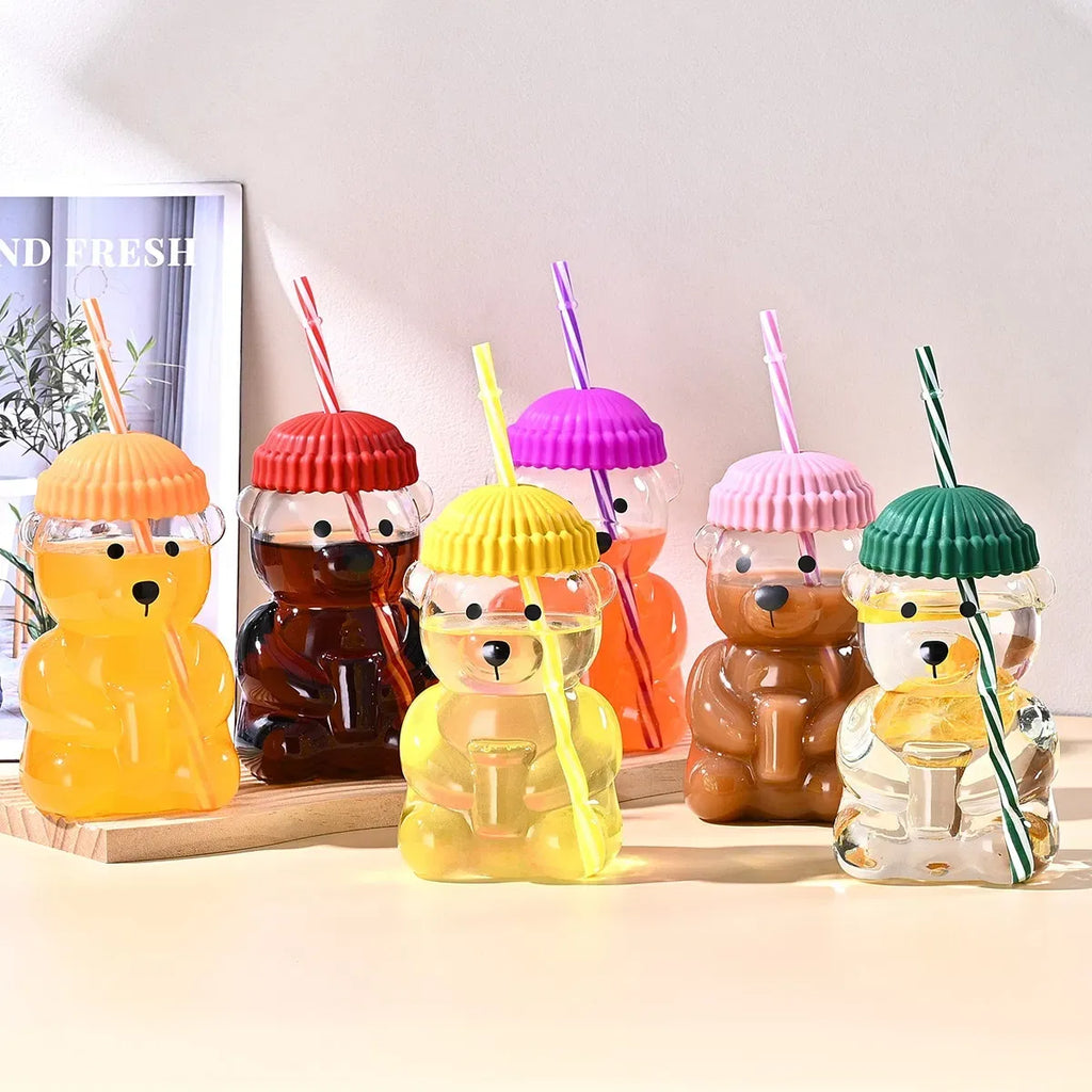 Cute Bear Glass Tumbler with Lid and Straw, 20oz Clear Cartoon Drinking Cup, Kawaii Water Bottle for Girls Party Home Office