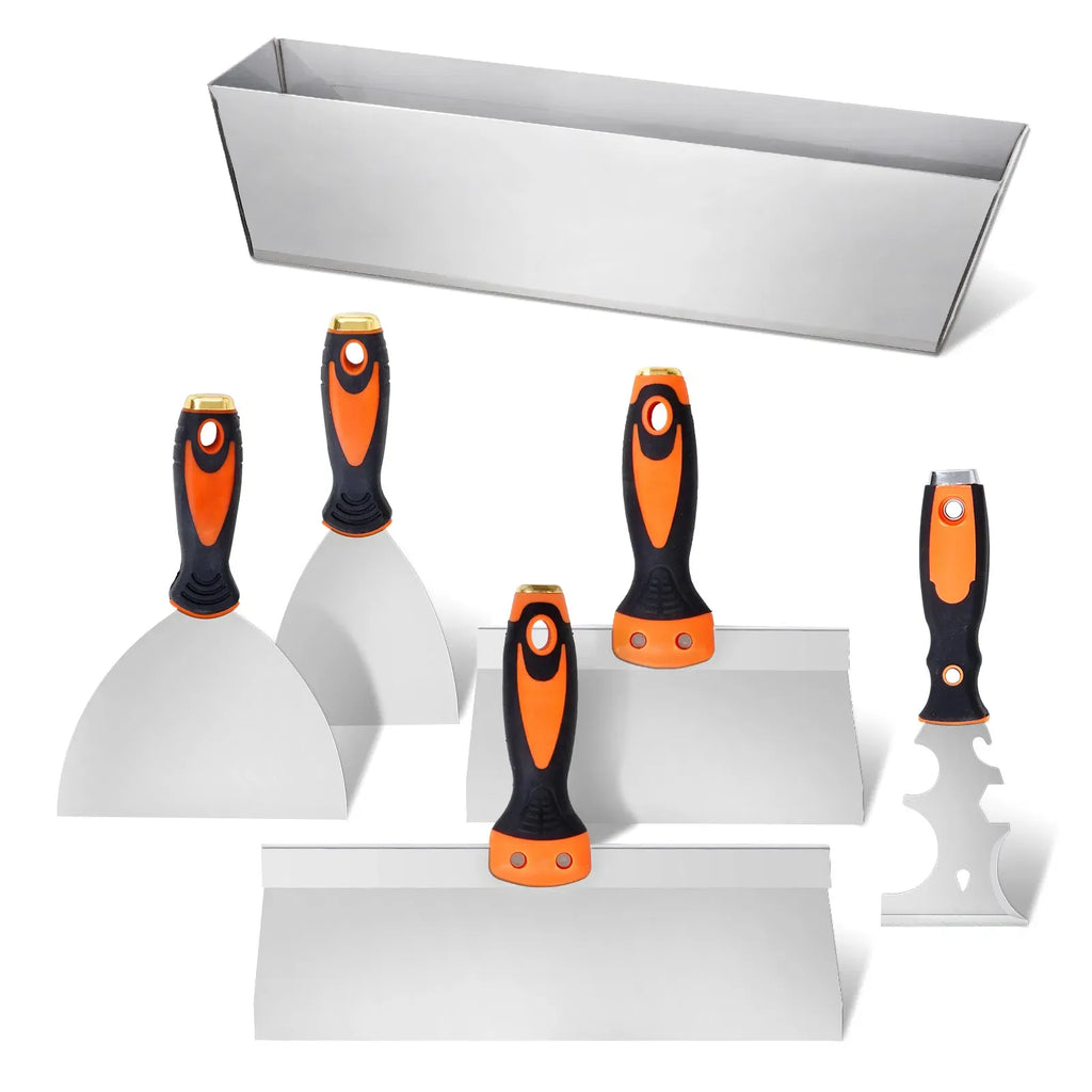 AEELLEEA Drywall Knife Set 6 Pack, 3in 4in 6in 8in 12in Putty Taping Knives with 14in Mud Pan, Multifunctional Painter Scraper for Wall Repair