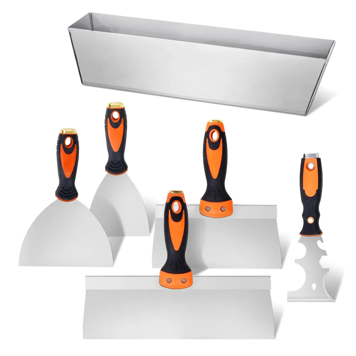 AEELLEEA Drywall Knife Set 6 Pack, 3in 4in 6in 8in 12in Putty Taping Knives with 14in Mud Pan, Multifunctional Painter Scraper for Wall Repair