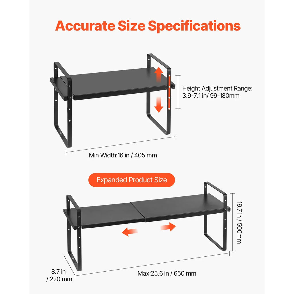 AEELLEEA Adjustable Metal Countertop Storage Shelf, Expandable 16 to 25.6 in Width, Height Adjustable 2 Tier Kitchen Organizer Rack