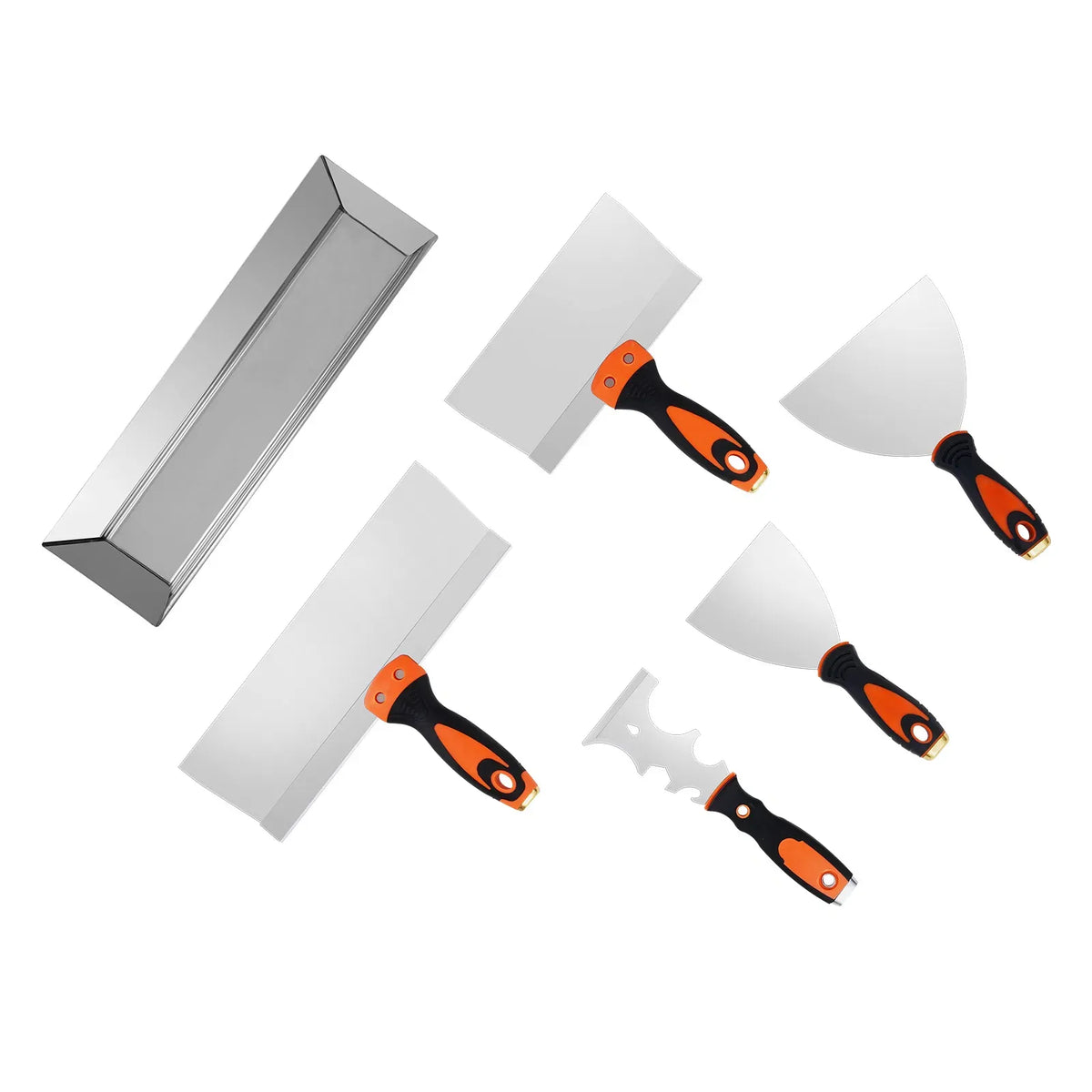 AEELLEEA Drywall Knife Set 6 Pack, 3in 4in 6in 8in 12in Putty Taping Knives with 14in Mud Pan, Multifunctional Painter Scraper for Wall Repair