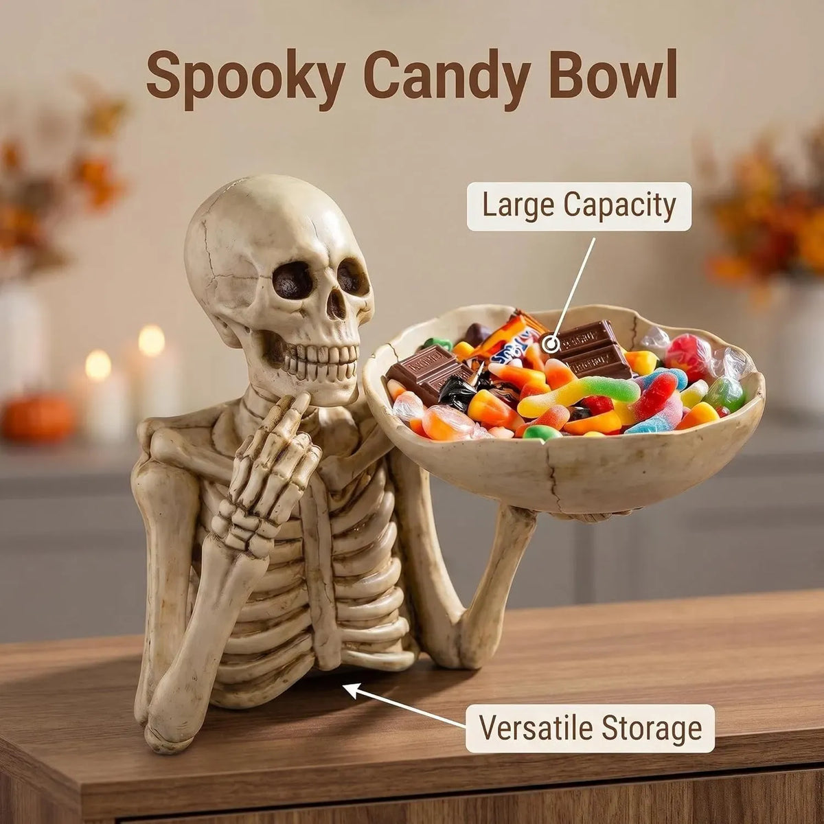 AEELLEEA Skeleton Resin Candy Bowl, 9.57in Gothic Skull Storage Tray, Halloween Table Decor, Key Candy Trinket Holder