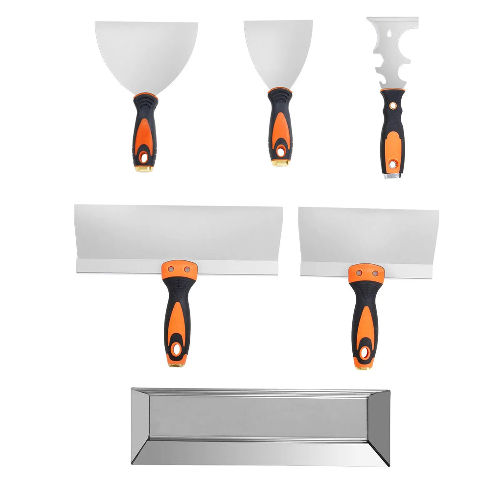 AEELLEEA Drywall Knife Set 6 Pack, 3in 4in 6in 8in 12in Putty Taping Knives with 14in Mud Pan, Multifunctional Painter Scraper for Wall Repair