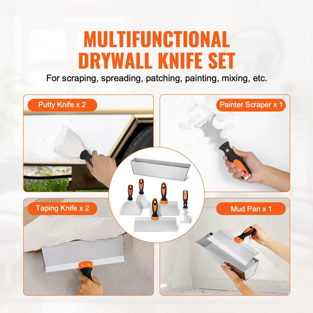 AEELLEEA Drywall Knife Set 6 Pack, 3in 4in 6in 8in 12in Putty Taping Knives with 14in Mud Pan, Multifunctional Painter Scraper for Wall Repair