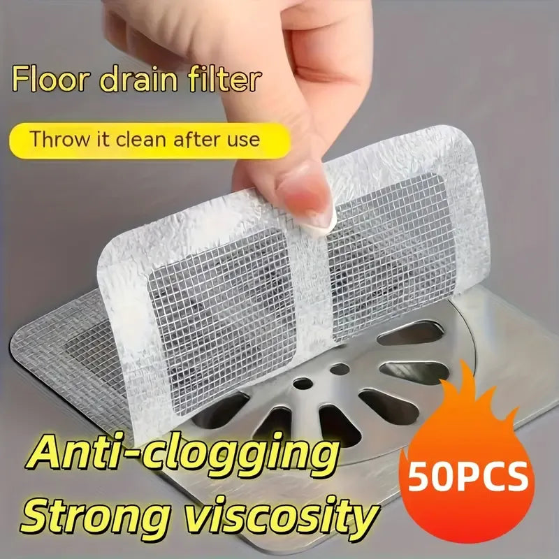 50Pcs Disposable Floor Drain Filter Stickers, Strong‑Adhesive Mesh Hair Catcher, Anti‑Clog Drain Screen for Bathroom Bathtub Sink Drainage