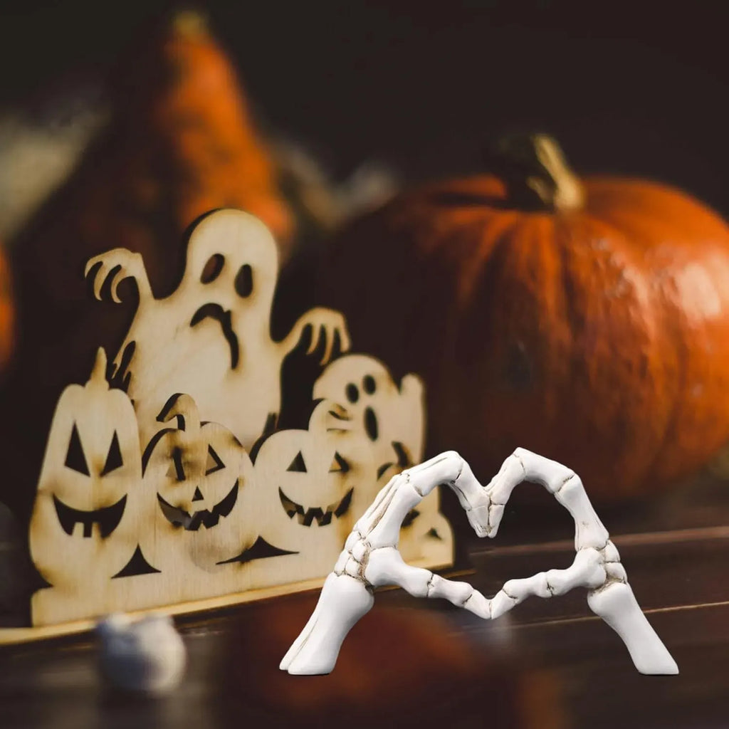 Skeleton Hand Decor, Heart Hands Figurine, Gothic Halloween Tabletop Sculpture for Shelf, Desk or Mantel, White