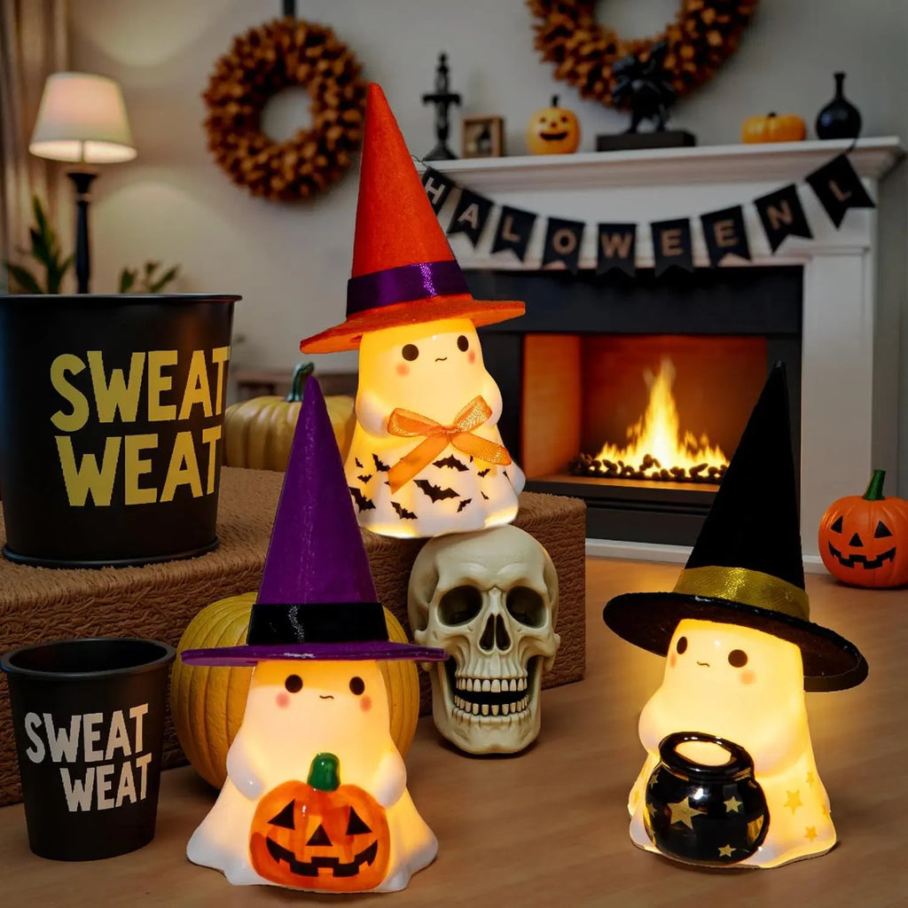 3pc Light-Up Ceramic Ghost Halloween Decorations with Witch Hats, Pumpkin & Cauldron, Indoor Tabletop Decor