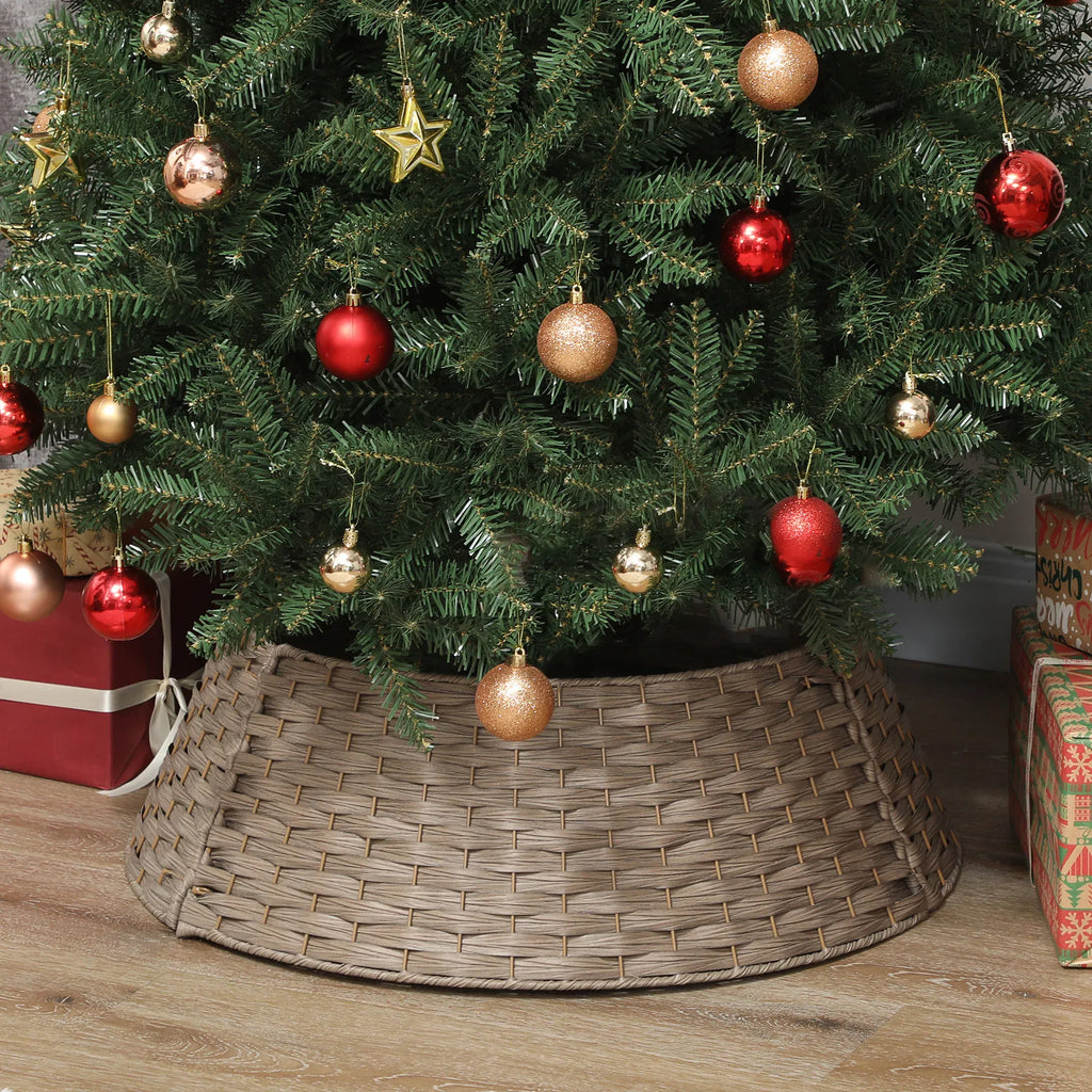 27in Woven Christmas Tree Collar, 3-Piece Rustic Rattan-Look Tree Base Cover, 26.8in Bottom Diameter, Gray Brown