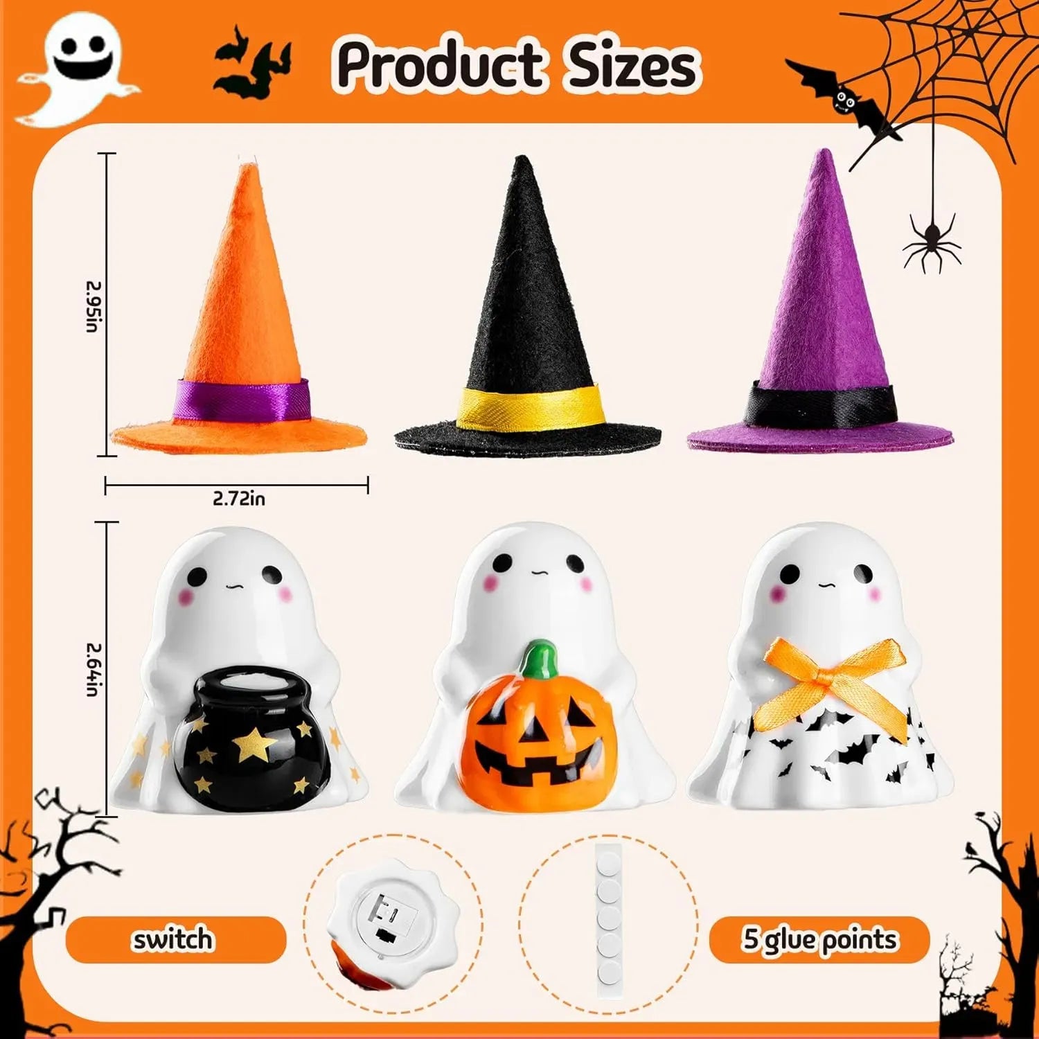 3pc Light-Up Ceramic Ghost Halloween Decorations with Witch Hats, Pumpkin & Cauldron, Indoor Tabletop Decor