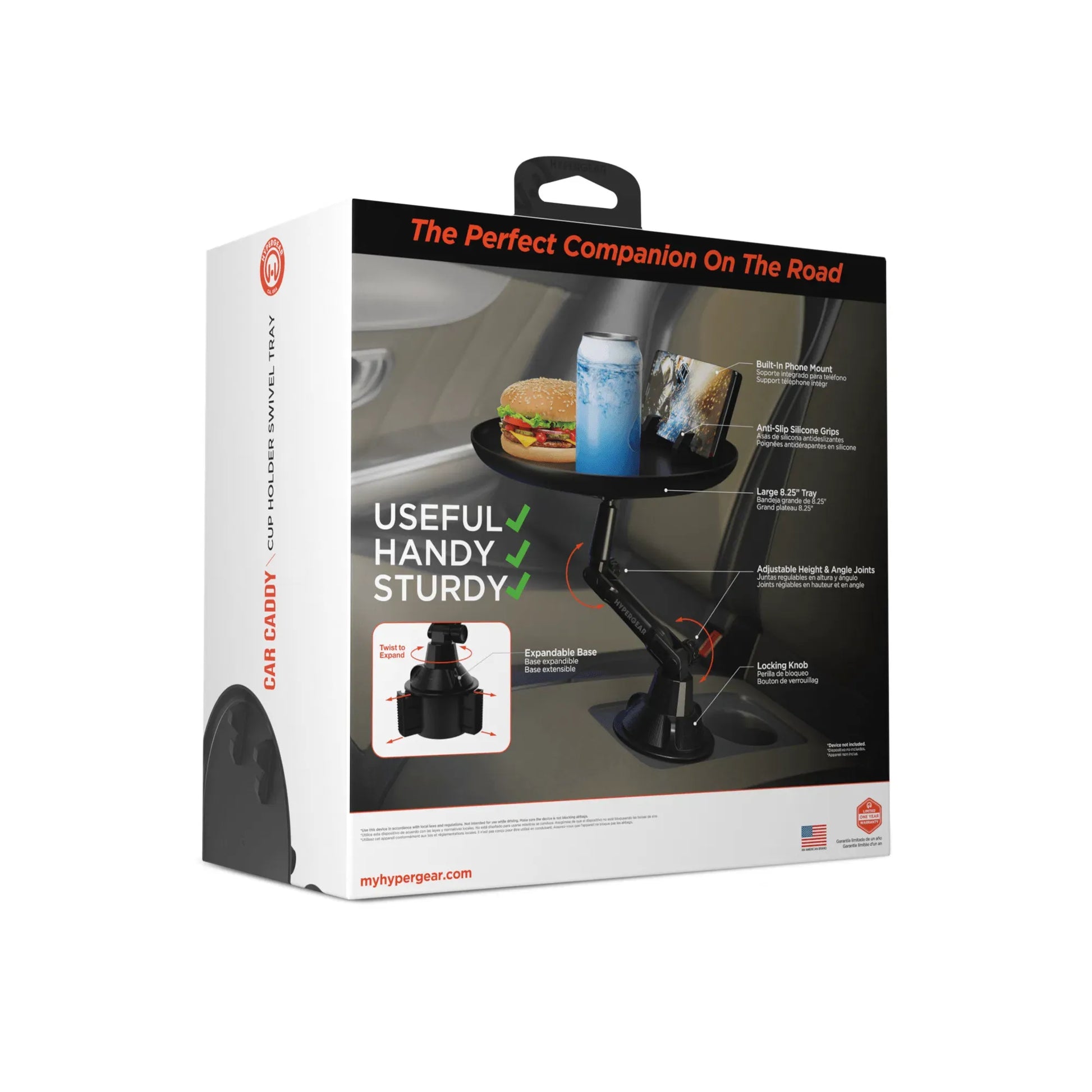Car Cup Holder Food Tray, 8.25" Swivel Adjustable Car Desk with Phone Mount, Expandable Base Non‑Slip Vehicle Eating Tray for Car, Truck, SUV, Minivan