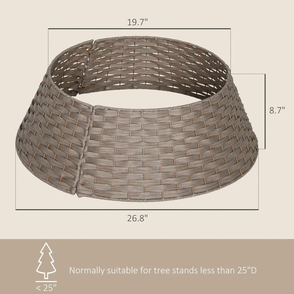 27in Woven Christmas Tree Collar, 3-Piece Rustic Rattan-Look Tree Base Cover, 26.8in Bottom Diameter, Gray Brown