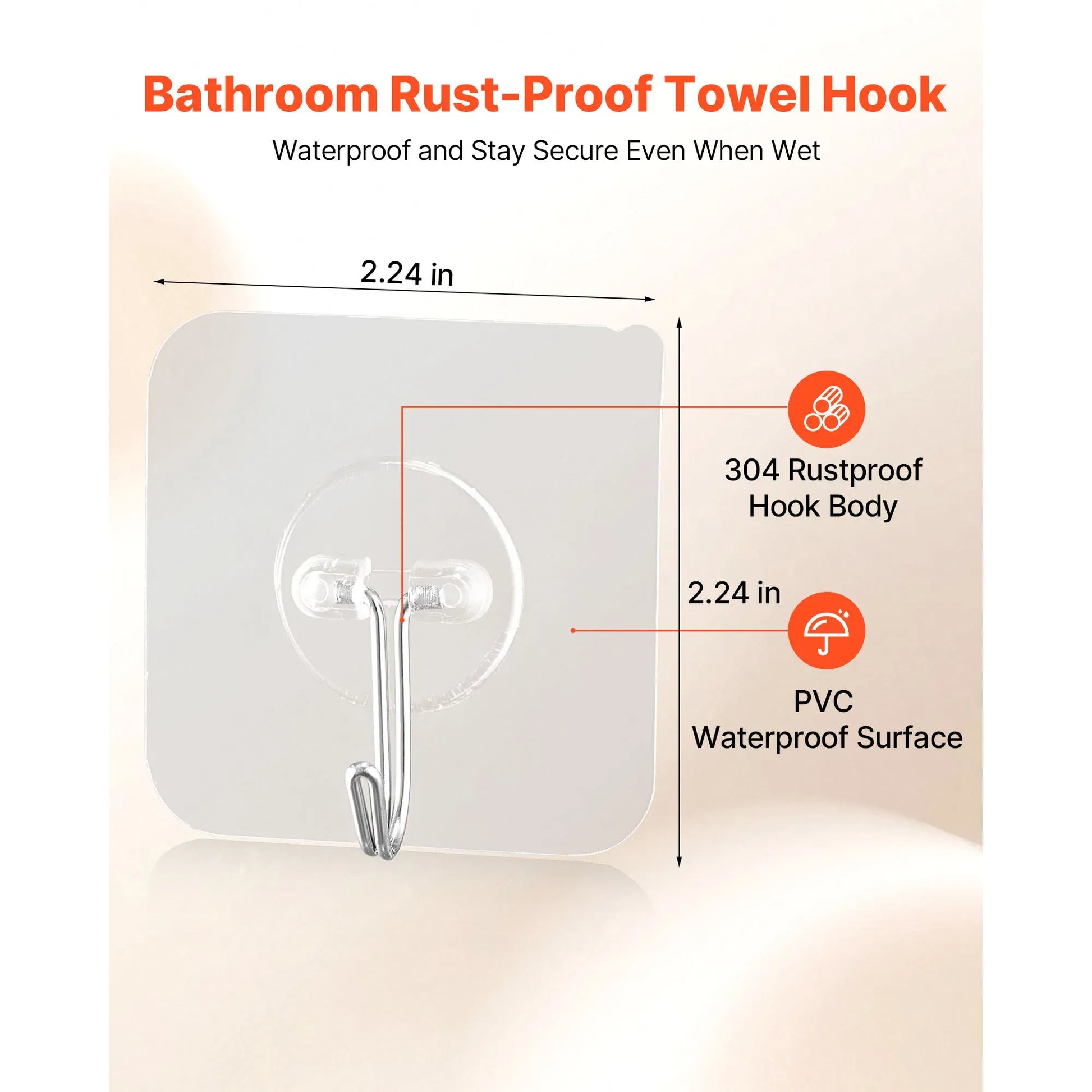 Waterproof stainless steel adhesive hooks with 15lbs heavy load, no drill, residue-free, multi-scene smooth surface use.