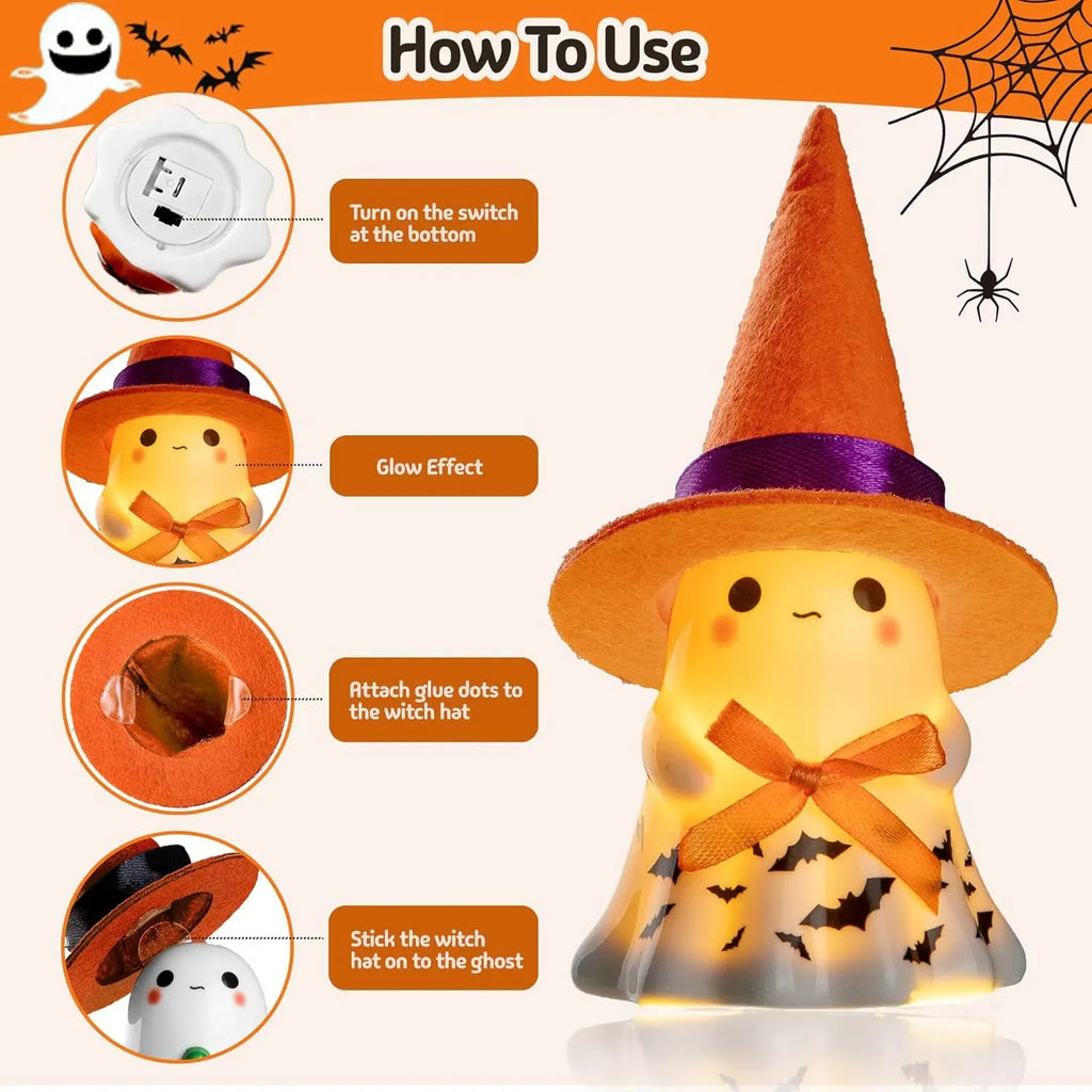 3pc Light-Up Ceramic Ghost Halloween Decorations with Witch Hats, Pumpkin & Cauldron, Indoor Tabletop Decor