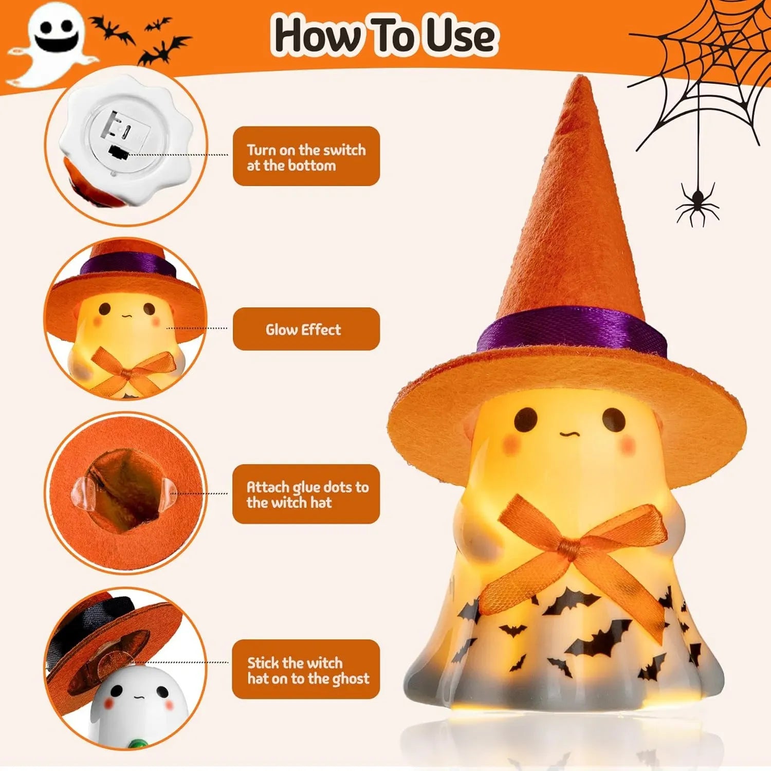 3pc Light-Up Ceramic Ghost Halloween Decorations with Witch Hats, Pumpkin & Cauldron, Indoor Tabletop Decor