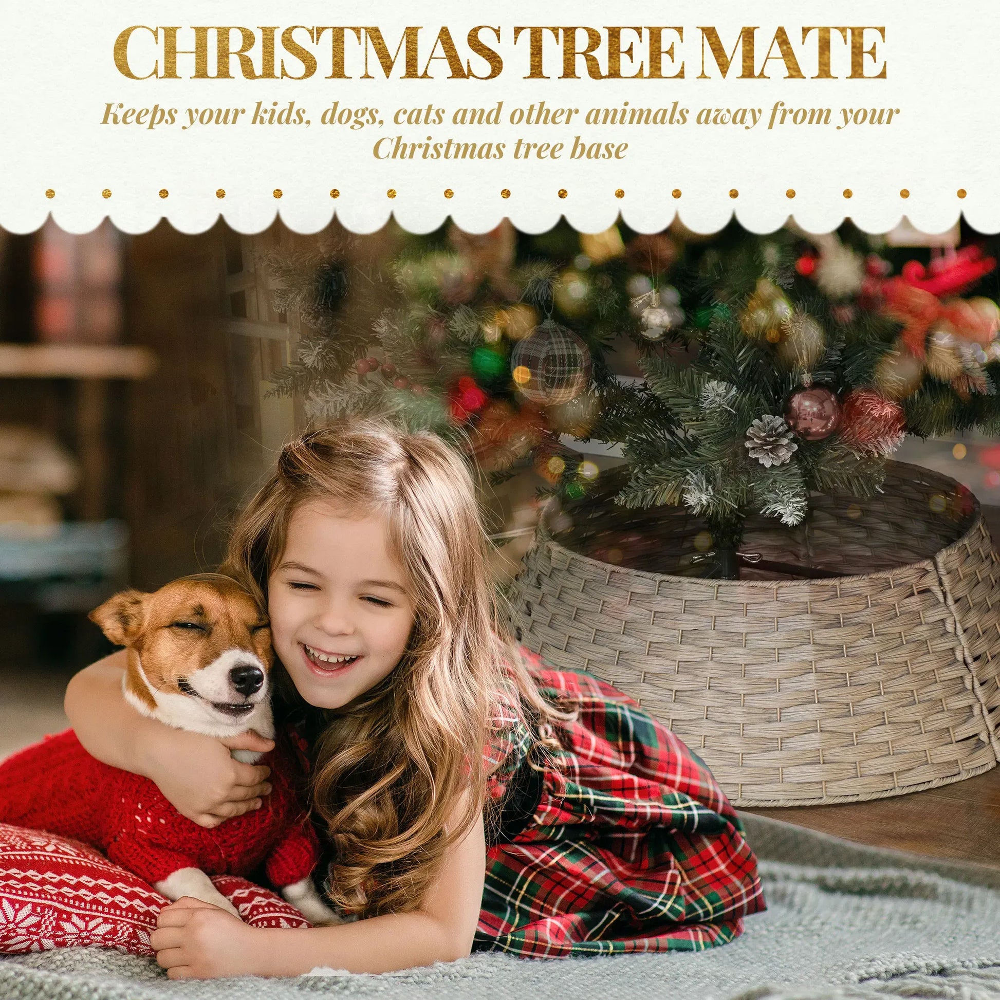 27in Woven Christmas Tree Collar, 3-Piece Rustic Rattan-Look Tree Base Cover, 26.8in Bottom Diameter, Gray Brown