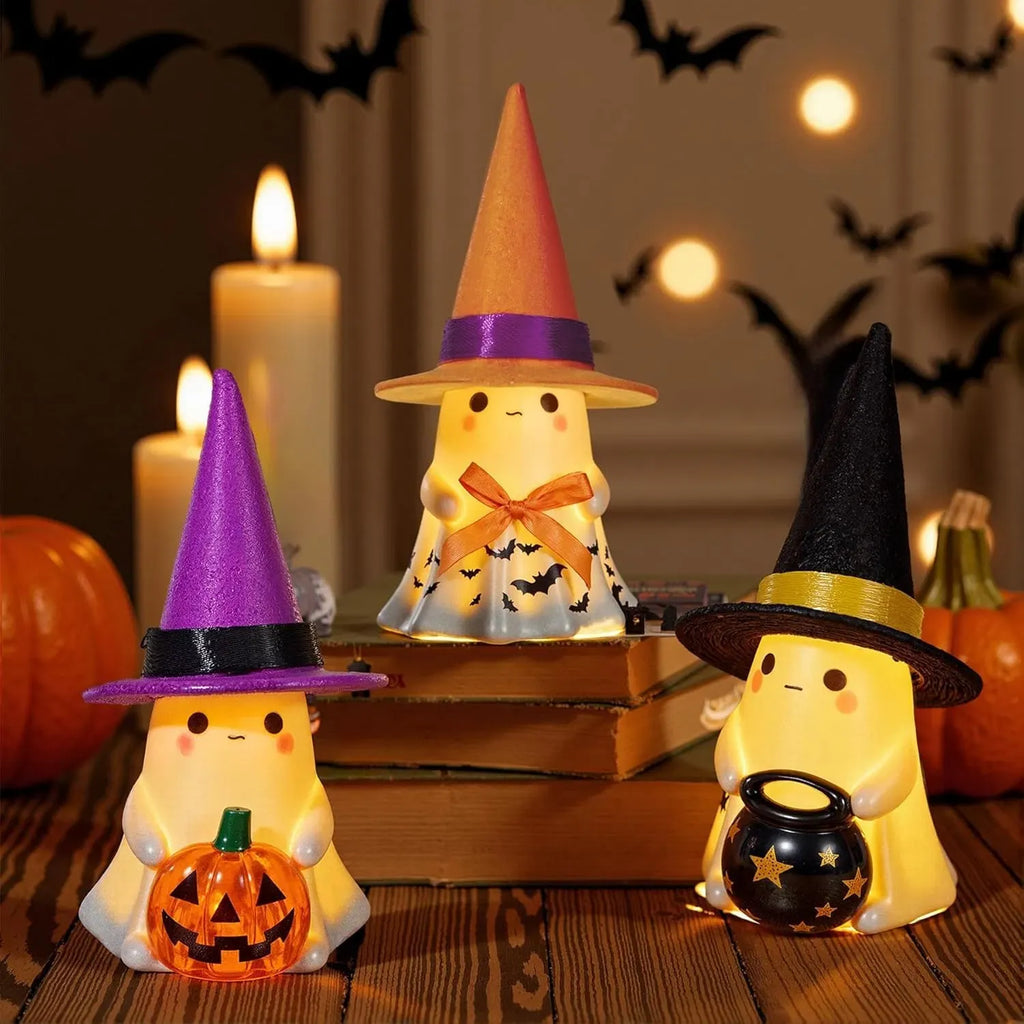 3pc Light-Up Ceramic Ghost Halloween Decorations with Witch Hats, Pumpkin & Cauldron, Indoor Tabletop Decor