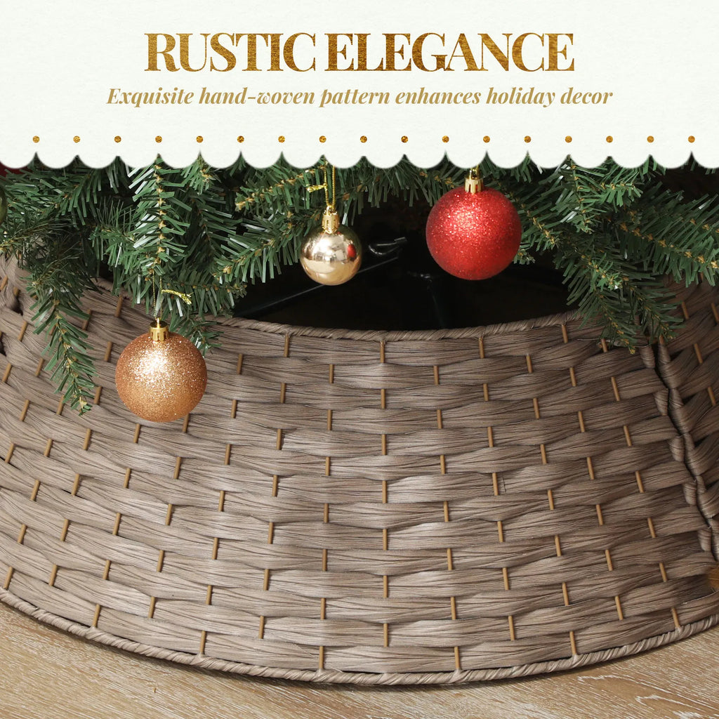 27in Woven Christmas Tree Collar, 3-Piece Rustic Rattan-Look Tree Base Cover, 26.8in Bottom Diameter, Gray Brown