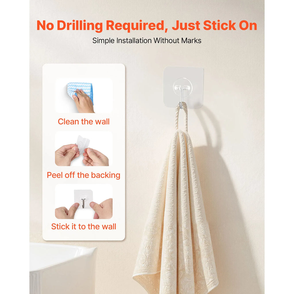 Waterproof stainless steel adhesive hooks with 15lbs heavy load, no drill, residue-free, multi-scene smooth surface use.