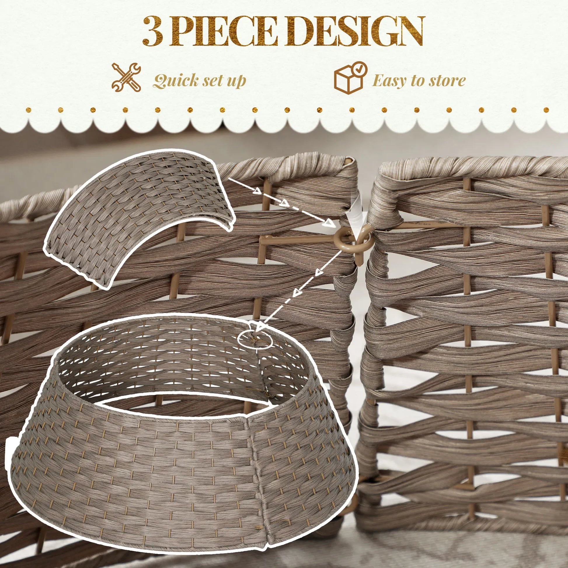 27in Woven Christmas Tree Collar, 3-Piece Rustic Rattan-Look Tree Base Cover, 26.8in Bottom Diameter, Gray Brown