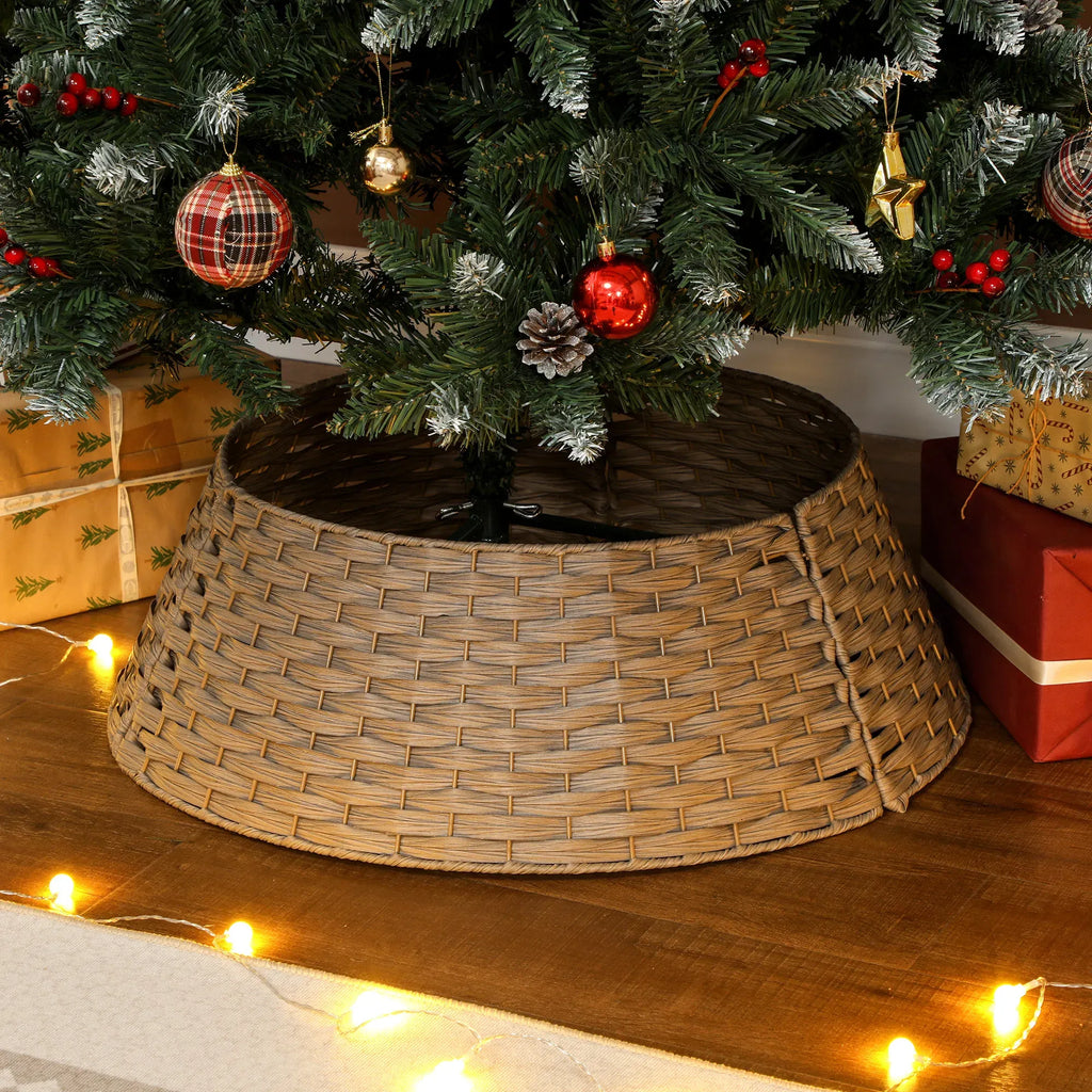 27in Woven Christmas Tree Collar, 3-Piece Rustic Rattan-Look Tree Base Cover, 26.8in Bottom Diameter, Gray Brown