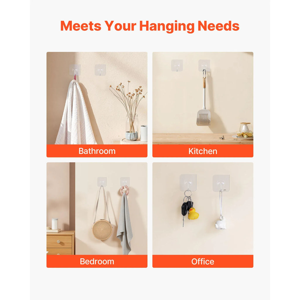 Waterproof stainless steel adhesive hooks with 15lbs heavy load, no drill, residue-free, multi-scene smooth surface use.