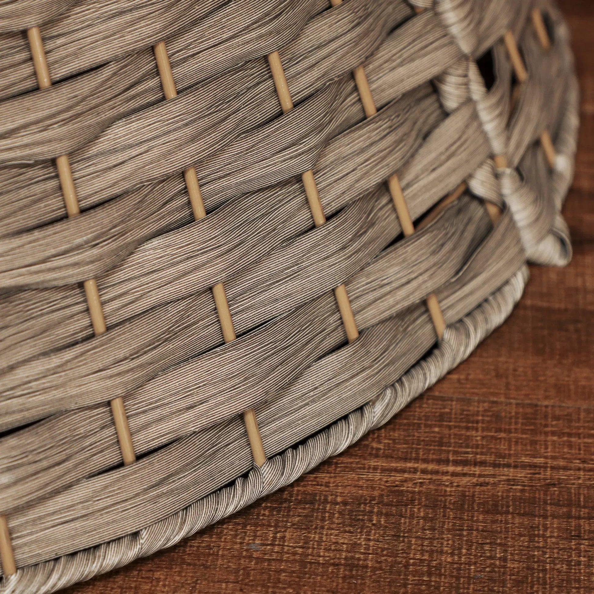27in Woven Christmas Tree Collar, 3-Piece Rustic Rattan-Look Tree Base Cover, 26.8in Bottom Diameter, Gray Brown