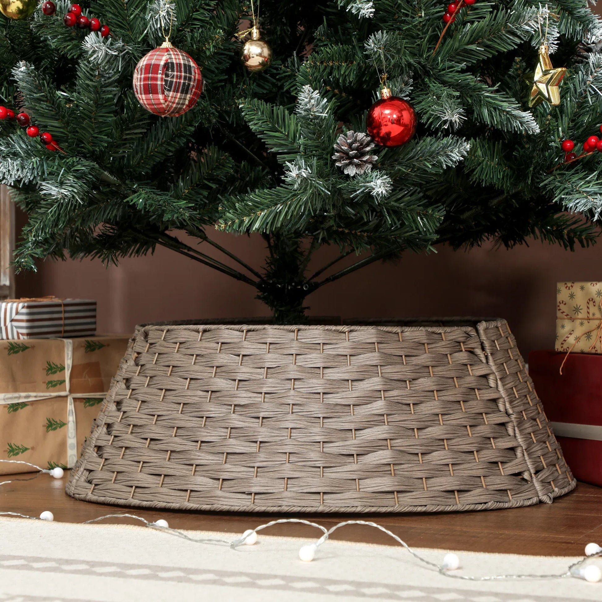 27in Woven Christmas Tree Collar, 3-Piece Rustic Rattan-Look Tree Base Cover, 26.8in Bottom Diameter, Gray Brown