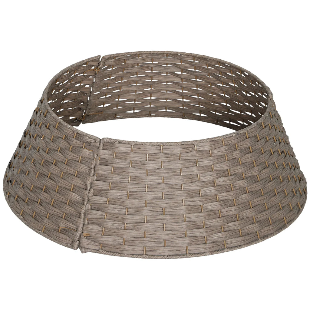 27in Woven Christmas Tree Collar, 3-Piece Rustic Rattan-Look Tree Base Cover, 26.8in Bottom Diameter, Gray Brown