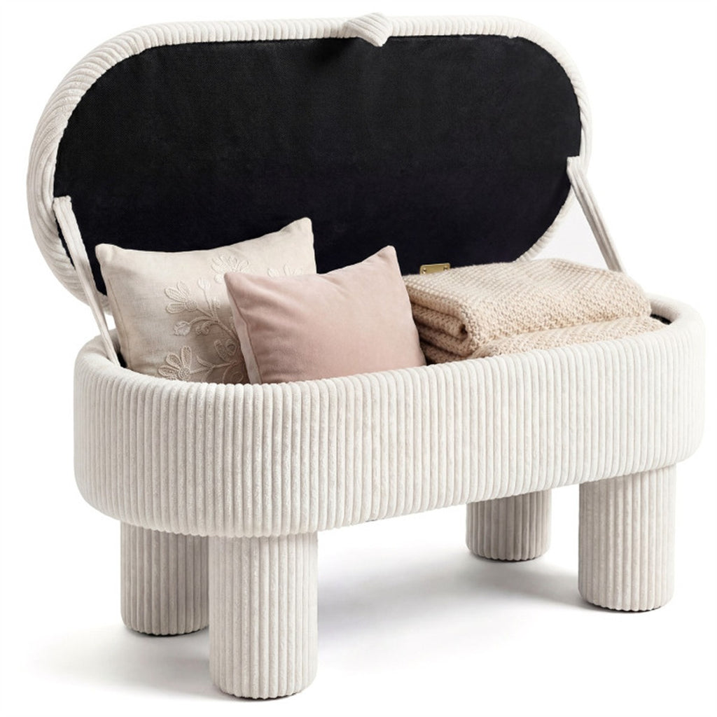 AEELLEEA 42" Corduroy Storage Bench with Hidden Storage, Upholstered Ottoman Footstool, 400 lb Capacity, Beige