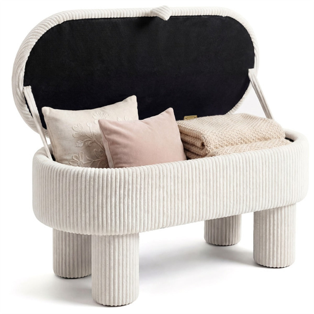 AEELLEEA 42" Corduroy Storage Bench with Hidden Storage, Upholstered Ottoman Footstool, 400 lb Capacity, Beige
