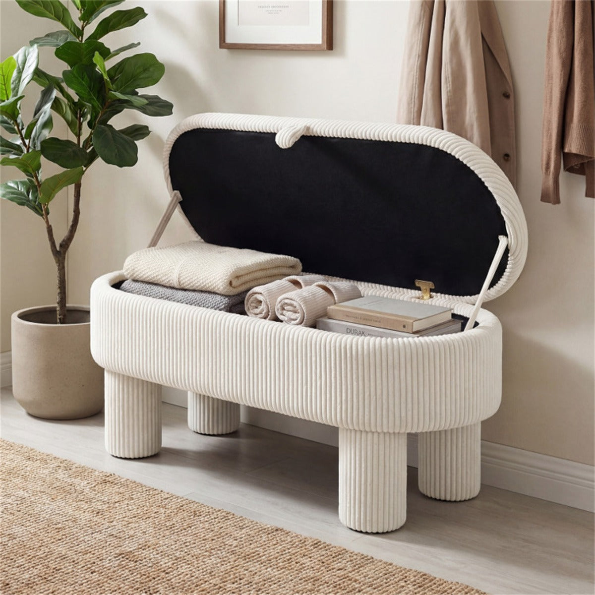 AEELLEEA 42" Corduroy Storage Bench with Hidden Storage, Upholstered Ottoman Footstool, 400 lb Capacity, Beige