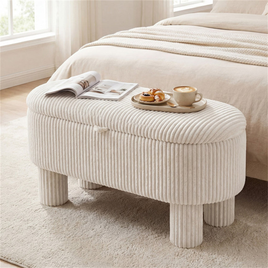AEELLEEA 42" Corduroy Storage Bench with Hidden Storage, Upholstered Ottoman Footstool, 400 lb Capacity, Beige