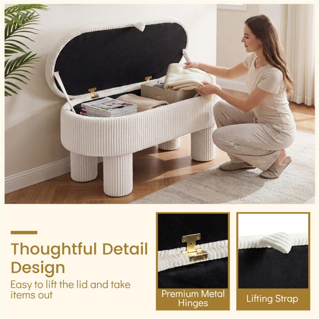 AEELLEEA 42" Corduroy Storage Bench with Hidden Storage, Upholstered Ottoman Footstool, 400 lb Capacity, Beige
