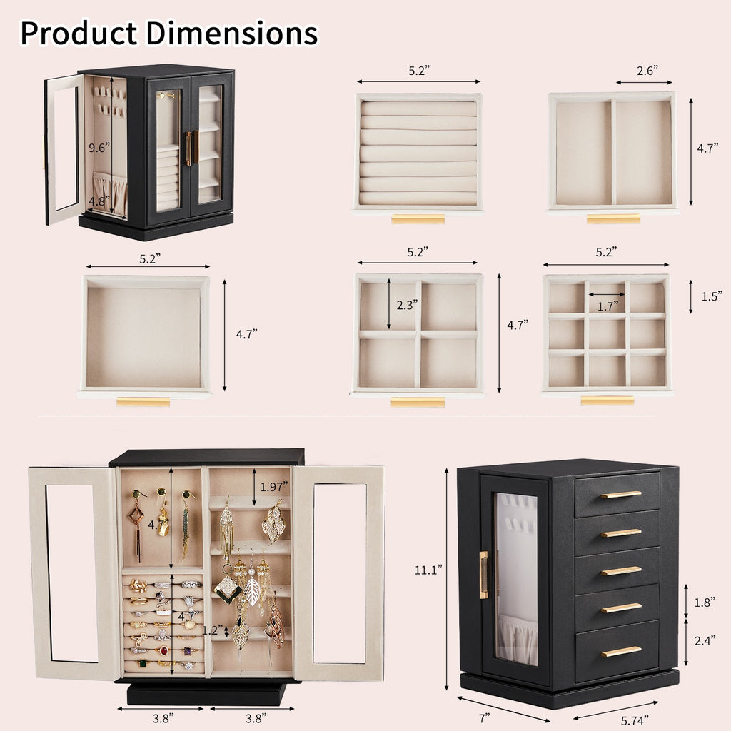 AEELLEEA 360° Rotating Jewelry Box Organizer with 5 Drawers, Velvet-Lined Jewelry Cabinet for Rings, Earrings & Necklaces, Black