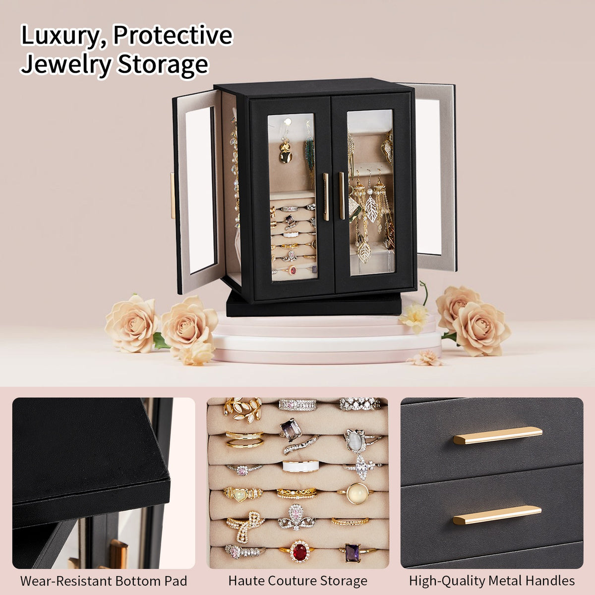 AEELLEEA 360° Rotating Jewelry Box Organizer with 5 Drawers, Velvet-Lined Jewelry Cabinet for Rings, Earrings & Necklaces, Black
