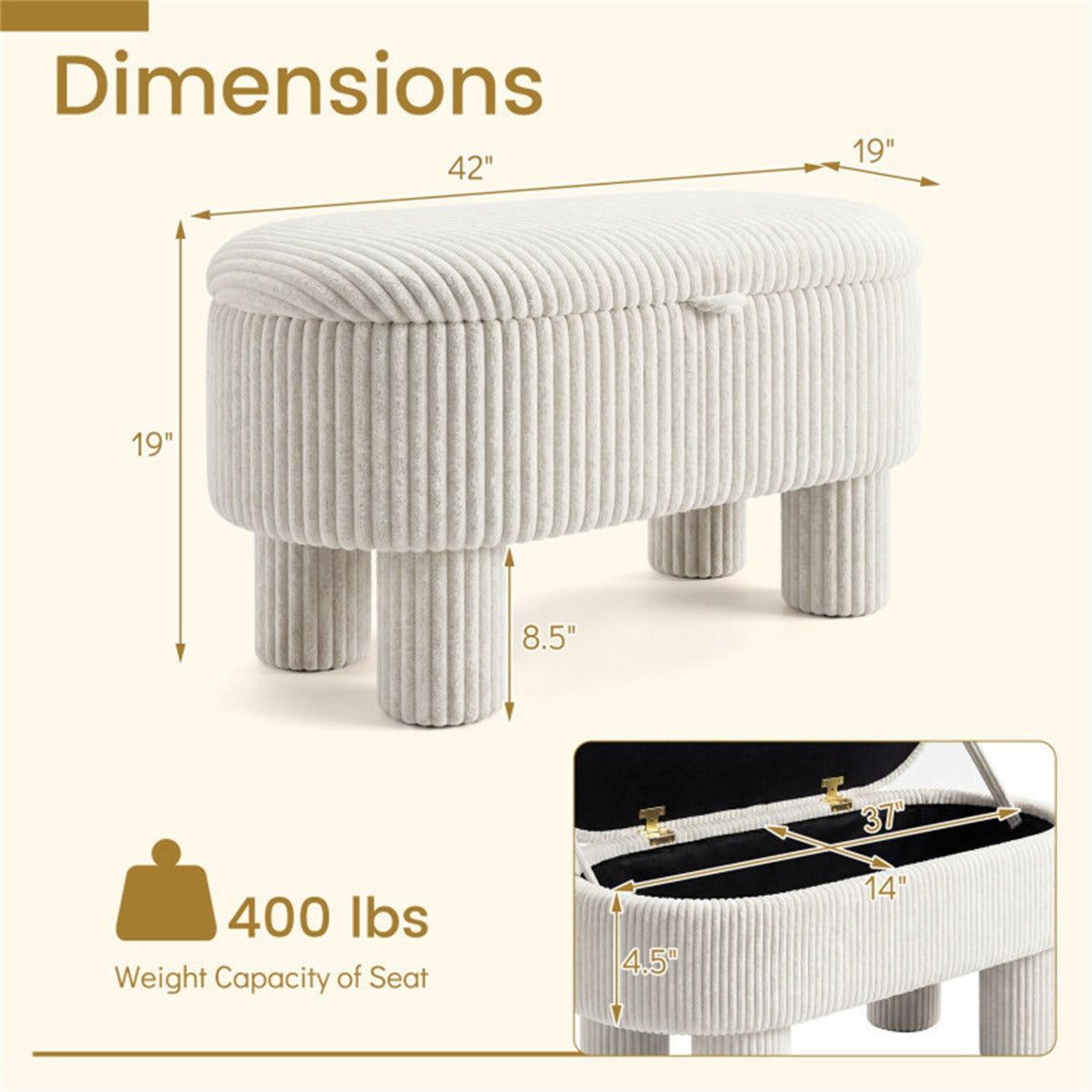 AEELLEEA 42" Corduroy Storage Bench with Hidden Storage, Upholstered Ottoman Footstool, 400 lb Capacity, Beige