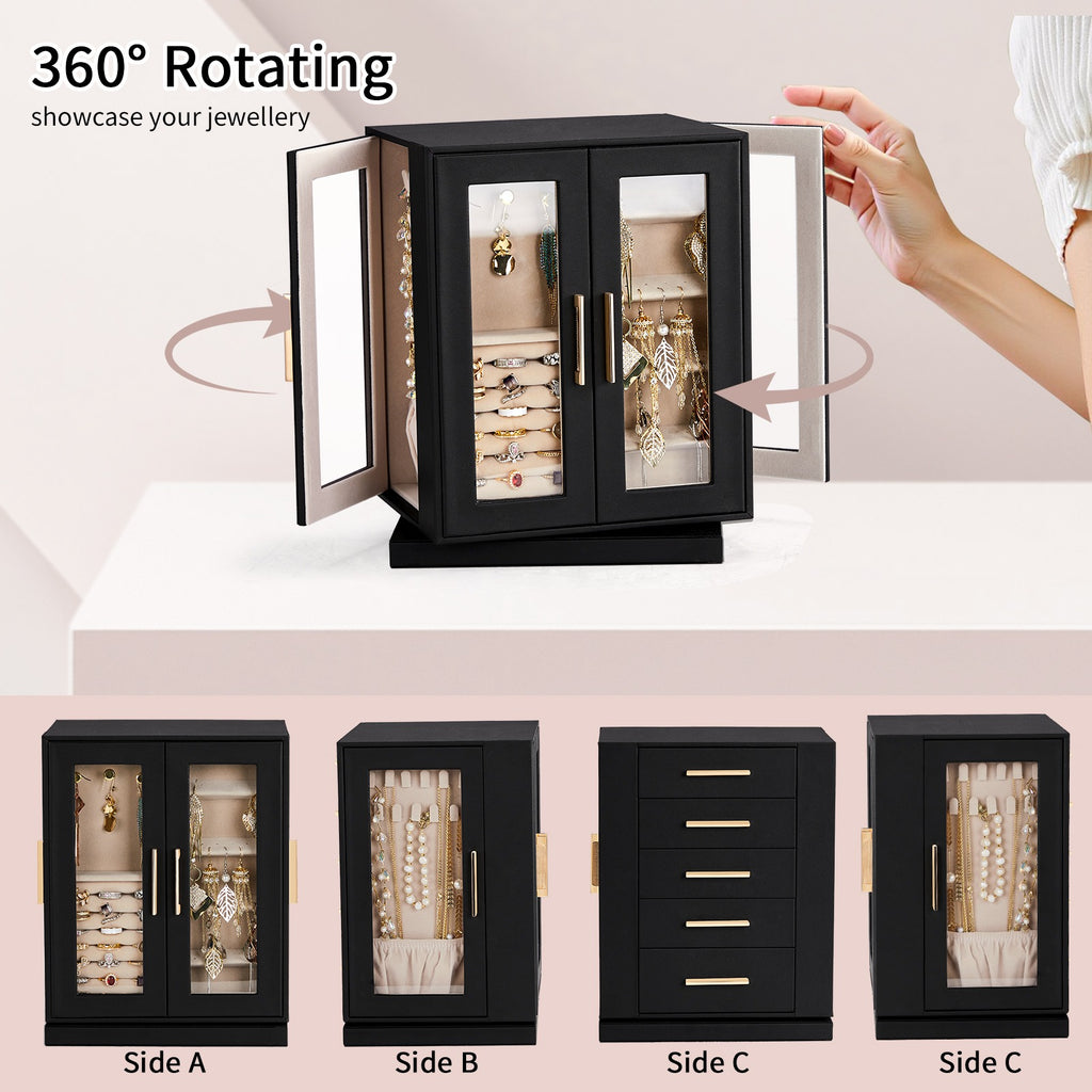 AEELLEEA 360° Rotating Jewelry Box Organizer with 5 Drawers, Velvet-Lined Jewelry Cabinet for Rings, Earrings & Necklaces, Black