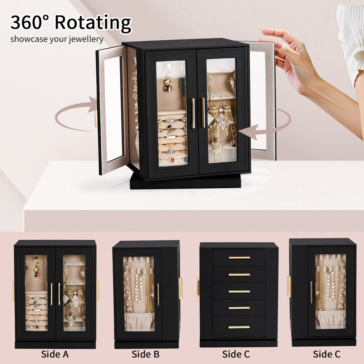 AEELLEEA 360° Rotating Jewelry Box Organizer with 5 Drawers, Velvet-Lined Jewelry Cabinet for Rings, Earrings & Necklaces, Black