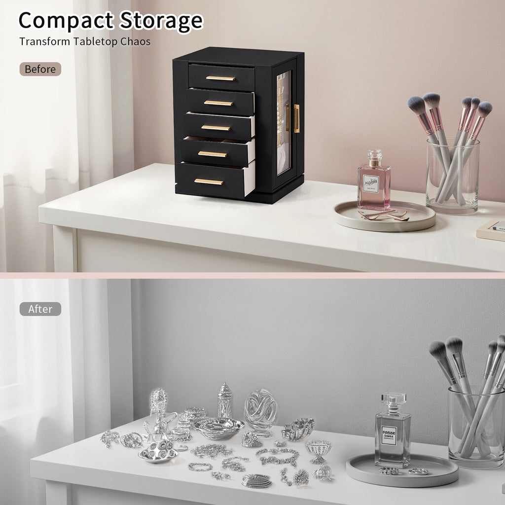 AEELLEEA 360° Rotating Jewelry Box Organizer with 5 Drawers, Velvet-Lined Jewelry Cabinet for Rings, Earrings & Necklaces, Black